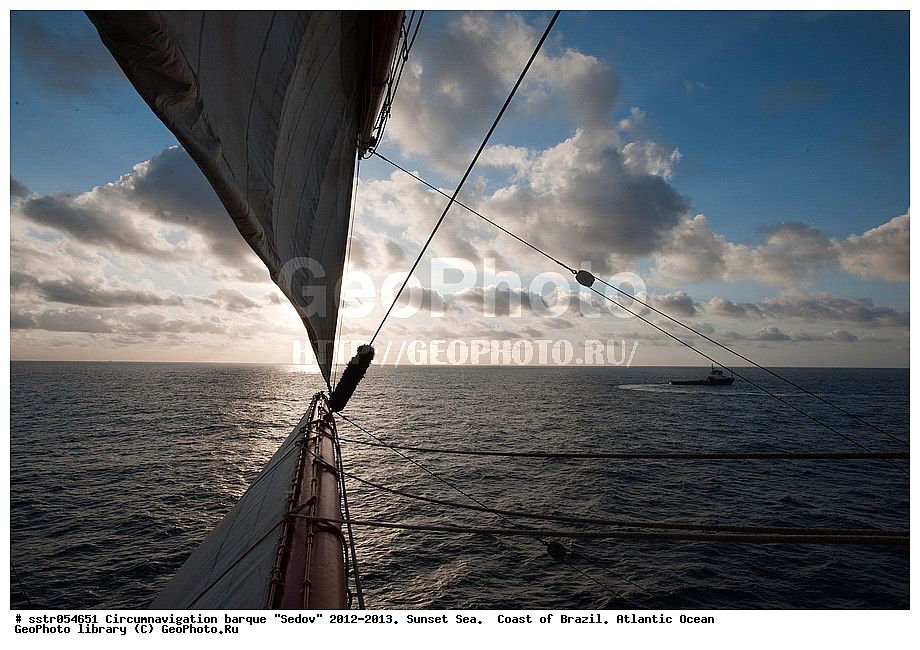 Circumnavigation, barque, "Sedov", 2012-2013,  sunset, southern tropic, Atlantic, ocean, sailing, vessel, tallship, sea, open sea, to navigate,