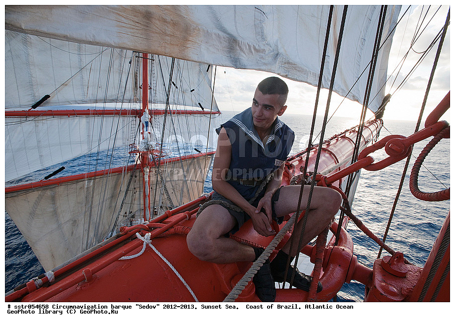 Circumnavigation, barque, "Sedov", 2012-2013,  sunset, southern tropic, Atlantic, ocean, sailing, vessel, tallship, sea, open sea, to navigate,