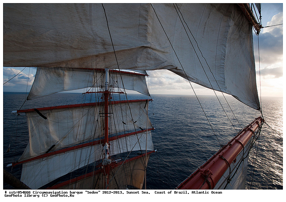 Circumnavigation, barque, "Sedov", 2012-2013,  sunset, southern tropic, Atlantic, ocean, sailing, vessel, tallship, sea, open sea, to navigate,