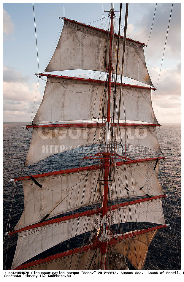 Circumnavigation, barque, "Sedov", 2012-2013,  sunset, southern tropic, Atlantic, ocean, sailing, vessel, tallship, sea, open sea, to navigate,