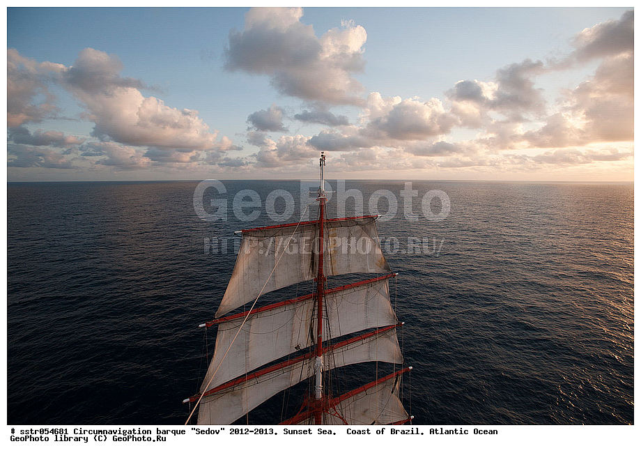 Circumnavigation, barque, "Sedov", 2012-2013,  sunset, southern tropic, Atlantic, ocean, sailing, vessel, tallship, sea, open sea, to navigate,