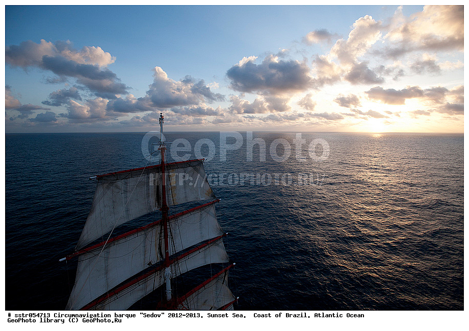 Circumnavigation, barque, "Sedov", 2012-2013,  sunset, southern tropic, Atlantic, ocean, sailing, vessel, tallship, sea, open sea, to navigate,