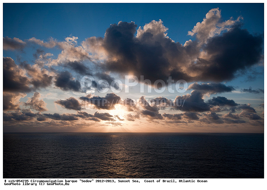 Circumnavigation, barque, "Sedov", 2012-2013,  sunset, southern tropic, Atlantic, ocean, sailing, vessel, tallship, sea, open sea, to navigate,