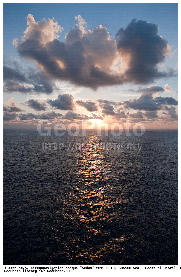 Circumnavigation, barque, "Sedov", 2012-2013,  sunset, southern tropic, Atlantic, ocean, sailing, vessel, tallship, sea, open sea, to navigate,