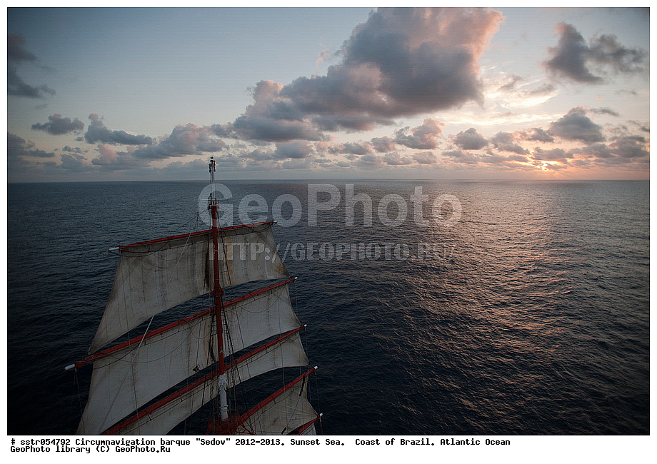 Circumnavigation, barque, "Sedov", 2012-2013,  sunset, southern tropic, Atlantic, ocean, sailing, vessel, tallship, sea, open sea, to navigate,