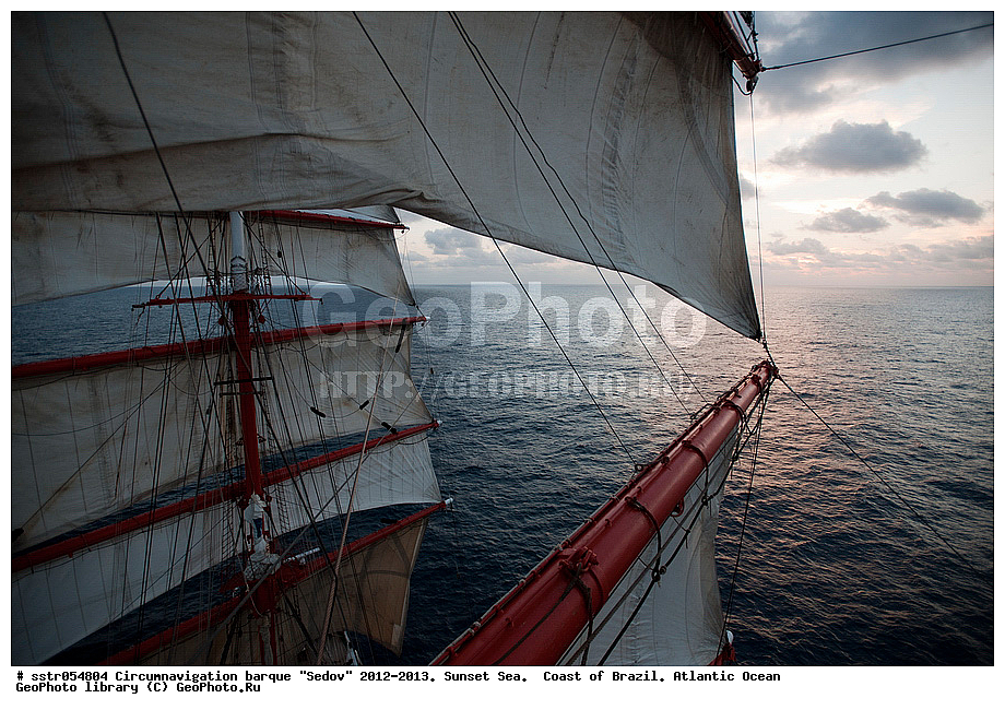 Circumnavigation, barque, "Sedov", 2012-2013,  sunset, southern tropic, Atlantic, ocean, sailing, vessel, tallship, sea, open sea, to navigate,