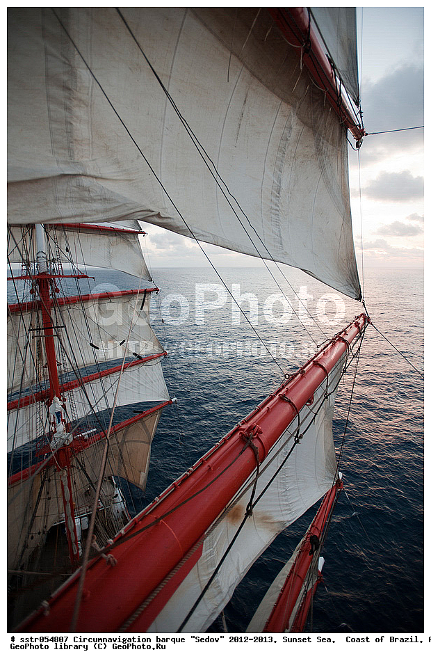 Circumnavigation, barque, "Sedov", 2012-2013,  sunset, southern tropic, Atlantic, ocean, sailing, vessel, tallship, sea, open sea, to navigate,