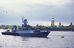 The ship of navy Fleet of Russia opposite to the Peter and Paul Fortress