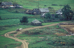 Russian village. A cart with the horse on road